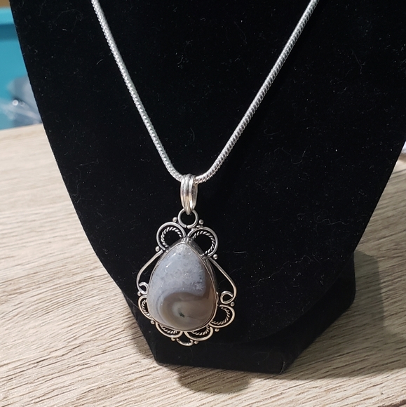 Men's Multi Color Botswana Agate Silver Necklace - Picture 2 of 10